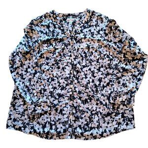 Croft & Barrow Womens 2X Black White Gray Floral Button-Down Long Sleeve Top